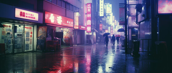 A night of the neon street at the downtown wide shot. Center of the city in Tokyo - obrazy, fototapety, plakaty