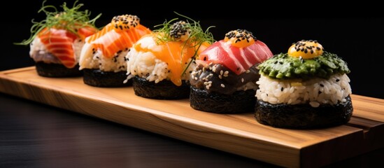 Sushi burgers on a timber platter.