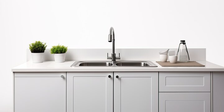 Isolated kitchen set with white sink, faucet, and cabinet for storage on white background.