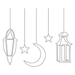  Continuous one line art drawing of Ramadan kareem with lantern and star, moon outline art vector