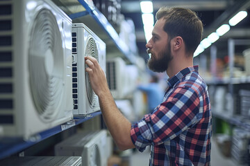 A consumer in a home improvement store making a smart and informed decision while choosing a heat pump among various energy-saving appliances. - obrazy, fototapety, plakaty