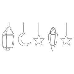  Continuous one line art drawing of Ramadan kareem with lantern and star, moon outline art vector