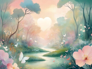 Obraz na płótnie Canvas Enchanting Nature Blurred Hues and Sunlit Leaves Create a Pastel Tapestry, Resembling a Whimsical Wallpaper with Multicolored Hearts.