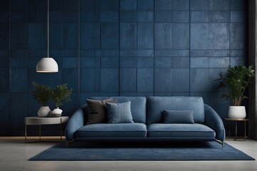 Blue And White Color Minimalist Sofa and Futuristic Living Room Elegance With Blue Walls