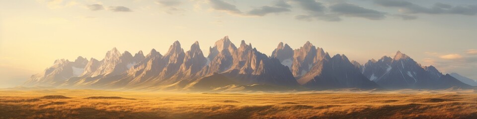 A majestic mountain panorama during golden hour,  with peaks bathed in warm,  soft light