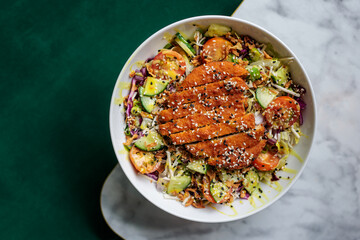 vegan chicken salad on retro diner table