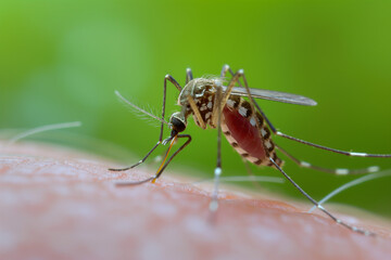 Fototapeta premium A Close-Up Macro Shot of Mosquito Bite and Suck Blood from Human Skin