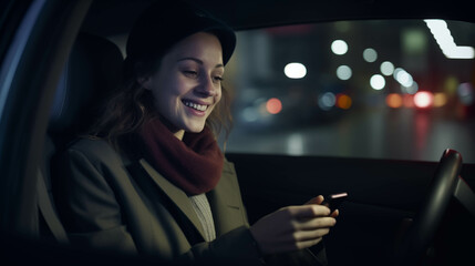 Fototapeta premium Caucasian woman playing mobile phone in car.
