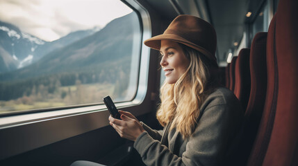 Caucasian woman playing mobile phone in train. - obrazy, fototapety, plakaty