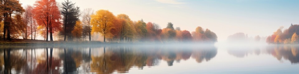 Fototapeta premium A tranquil riverside panorama during a misty autumn morning, with colorful trees reflected in the water