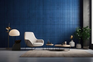 Blue And White Color Minimalist Sofa and Futuristic Living Room Elegance With Blue Walls