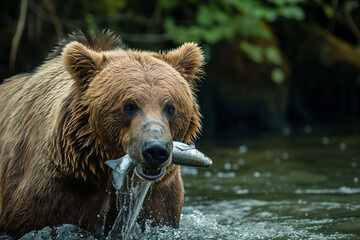 Fototapeta premium A Close-Up Shot of Grizzly Bear Hunting Salmon Fish for Eat in Wildlife Discovery Style