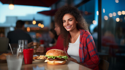 Caucasian woman eating hamburger in fast food restaurant.