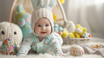 Adorable baby in a pastel onesie, surrounded by plush Easter toys and a basket of treats