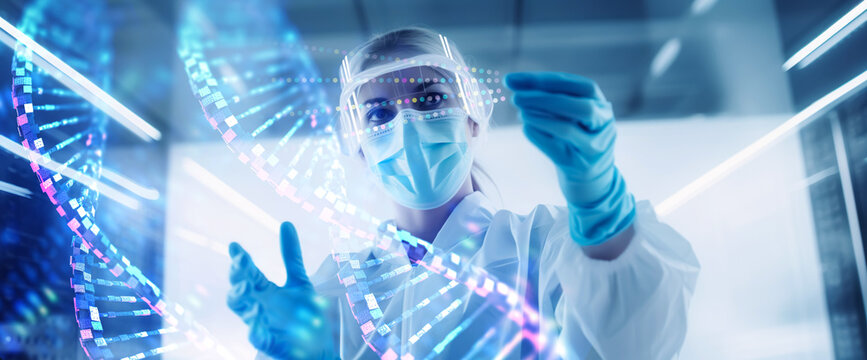 Medical technology with professional physician or doctor and hologram interactive screen.Gene dna editing.neurology research.innovation science and physics