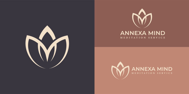 Abstract initial letter AM logo in gold color presented with multiple background colors. The logo is also suitable for meditation centers logo suitable for brands or companies that have same initial