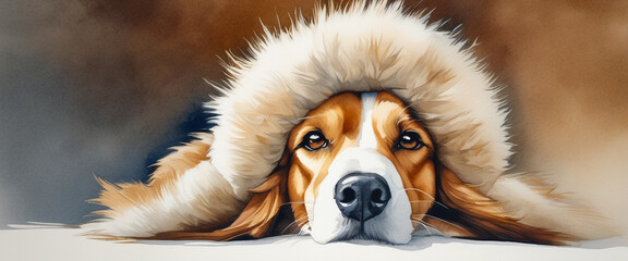 A dog wearing a large fur hat that covers its ears is lying on its face on the floor. Dog illustration in watercolor style. - obrazy, fototapety, plakaty