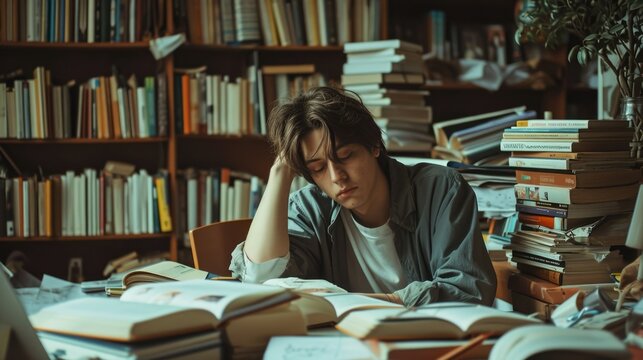 Tired overworked man sleeps at table. Many books around. Person study very hard. Student closed eyes. Overtime late learning. Exhausted asleep guy preparing for test exam. Funny sleepy lazy young man.