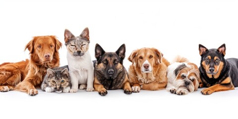 cats and dogs of different breeds on a white background Generative AI - obrazy, fototapety, plakaty