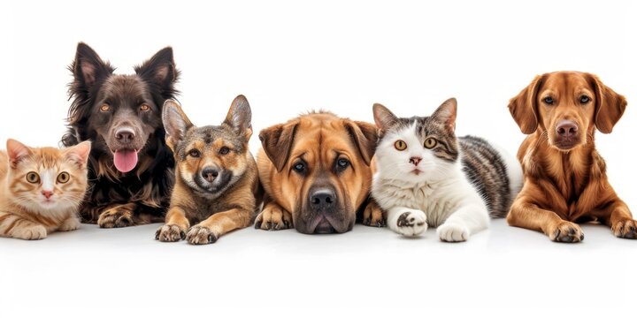 cats and dogs of different breeds on a white background Generative AI