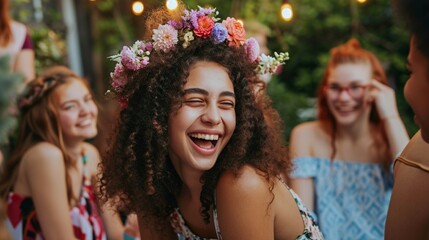 At an Easter garden party, a joyful adolescent wearing a flower crown is surrounded by friends and laughing
