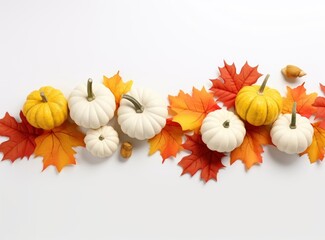 Various fresh ripe pumpkins with dry maple leaves isolated white background, top view photo with copy space