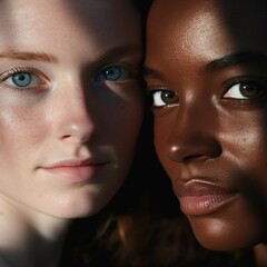 Close-up portrait of two interracial and multicultural women. International day for the elimination of racism