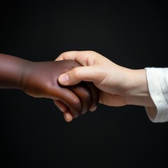 Handshake of interracial kids on black background with copy space. Concept of fighting racism - obrazy, fototapety, plakaty