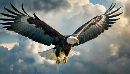 an eagle gracefully navigating the skies, its wings gracefully spread against a backdrop of clouds, capturing the essence of freedom and the beauty of flight.