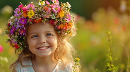 Delighted child with a floral wreath, signifying the excitement of Easter and the approach of spring