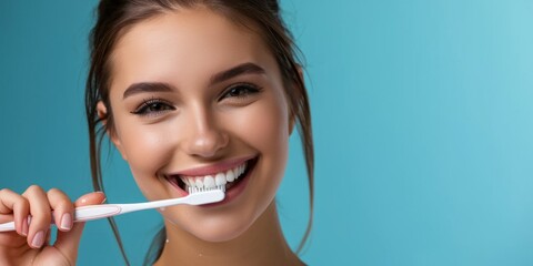 girl brushes her teeth with a toothbrush Generative AI - obrazy, fototapety, plakaty