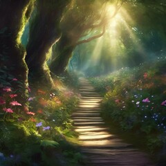 AI generated illustration of sunlit pathway through trees on a serene morning - obrazy, fototapety, plakaty