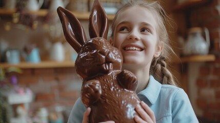 Ecstatic youthful adolescent ready to spread the happiness with buddies while clutching a massive chocolate Easter bunny - obrazy, fototapety, plakaty