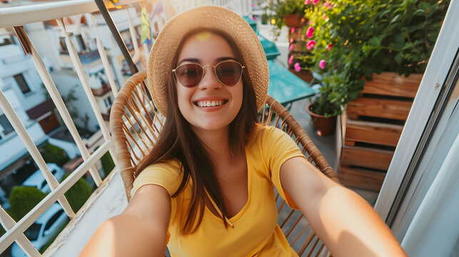 Beautiful young woman smiling taking selfie with smart mobile phone relaxing in chair on balcony, vacation concept