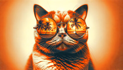 A cat sitting and wearing round glasses, with a reflection of a coconut tree visible through the glasses. The image is created with artistic orange tone