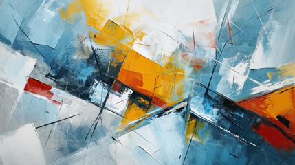 An energetic abstract painting with sharp angles and a clash of blue, white, and orange, creating a sense of chaos and dynamism.
