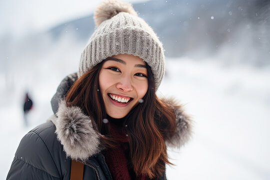 Asian girl. Smile. Winter tourism. Generative AI
