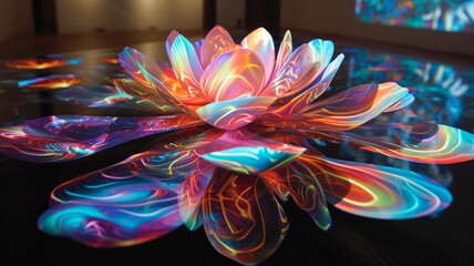 Psychedelic Swirls with Reflective Flower, reflective surfaces of flower petals, colorful Glass flower backdrop