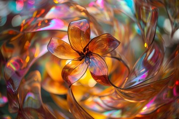 Psychedelic Swirls with Reflective Flower, reflective surfaces of flower petals, colorful Glass flower backdrop