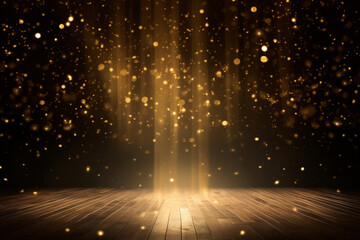 Twinkling gold glitter falling on the stage illuminated with one spot light 