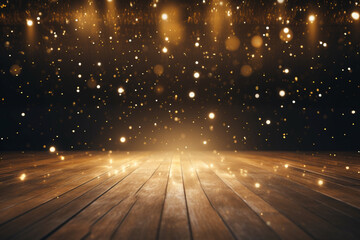 Twinkling gold glitter falling on the stage illuminated with one spot light  - obrazy, fototapety, plakaty