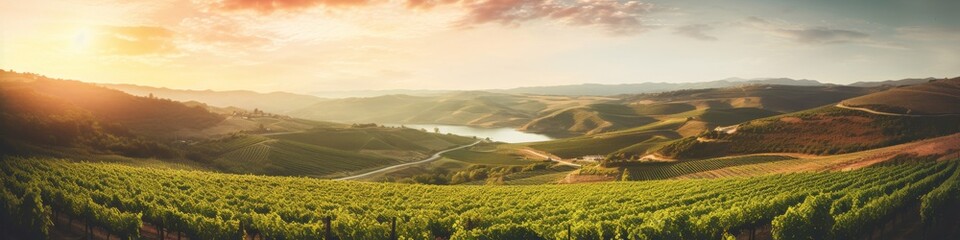 Rolling hills of vineyards at sunset,  with grapevines casting long shadows in the warm evening...
