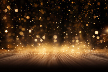 Twinkling gold glitter falling on the stage illuminated with one spot light  - obrazy, fototapety, plakaty