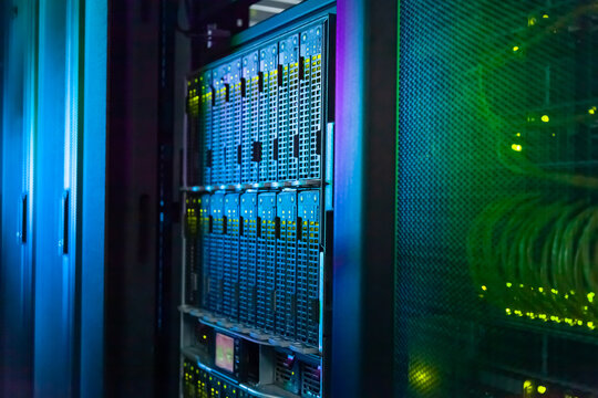 Rack Servers and Supercomputers, Modern Telecommunications, Artificial Intelligence, Supercomputer Technology.
Powerful supercomputer. Cloud Computing Server Room. Network of servers at a data center.