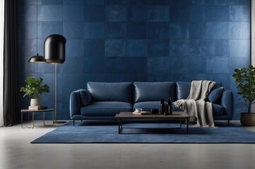 Blue And White Color Minimalist Sofa and Futuristic Living Room Elegance With Blue Walls