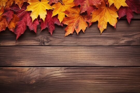 Autumn leaf on old grunge wood deck, copy place for inscription, top view, tablet for text,