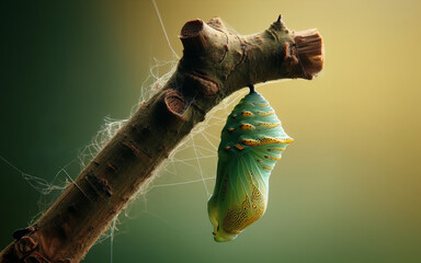 Butterfly pupa on a branch. Butterfly larva. Butterfly caterpillar. - obrazy, fototapety, plakaty