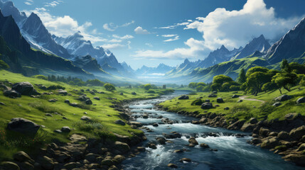 A breathtaking nature landscape featuring majestic mountains, vast skies, and lush plants—an immersive scene celebrating the beauty of the great outdoors