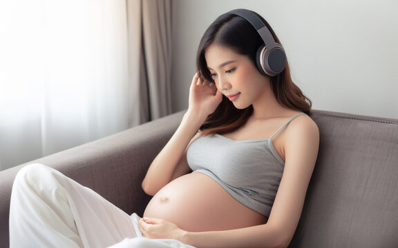 Pregnant woman wearing headphones Pregnant mother sitting on the sofa listening to music happily