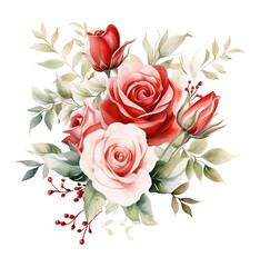 Floral bouquet composition featuring red roses in watercolor isolated on transparent background. PNG file, cut out